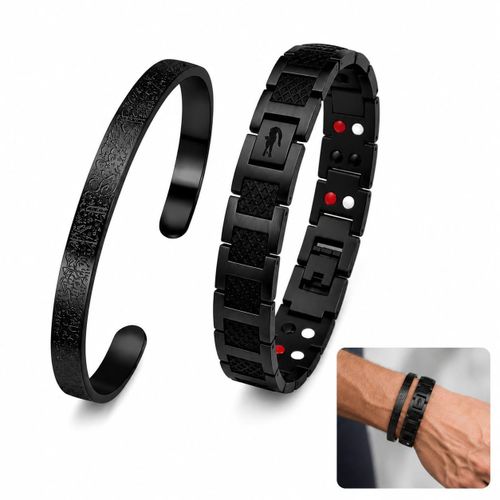 Men's bracelets, two pieces (stainless steel) in royal black - one bracelet with a crocodile logo and one classic Ayat al-Kursi bracelet