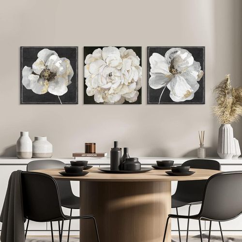 Goldfoilart Black and White Floral Wall Art Bathroom Wall Decor 3 Piece Flower Canvas Pictures Framed Artwork Small Gold Paintings for Bedroom Living Room Kitchen Office Decorations 12x12x3pcs