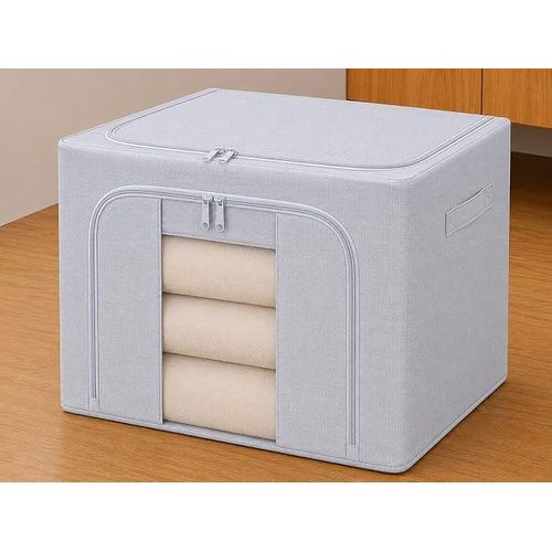 92L Foldable Organizer and Storage Box with Metal Frame, Zipper Closure, Transparent Window and Reinforced Handles, Storage Box for Blankets, Quilts, Clothes and Duvets 60 X 40 X 38 cm (grey )