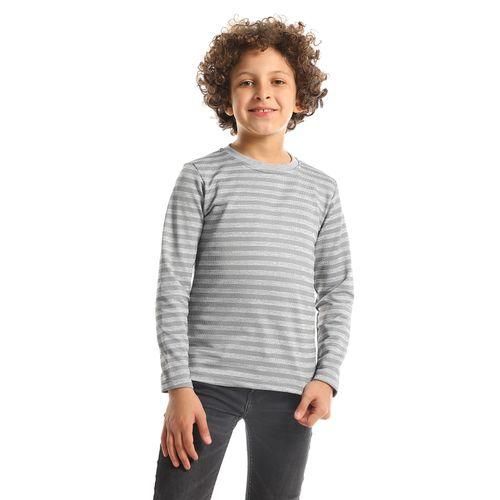 Long Sleeved Stripped Round Neck Boys T-Shirt - Grey & Light Grey