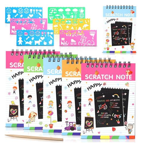 FINEMOE Scratch Book with Stencil Scale for Kids, Bulk Return Gifts for Birthday, Magic Activity Kit, Thoughtful Return Gifts for Girls & Boys Ages 3 & Above, Art & Craft Kit for Kids (Large 6 Set)