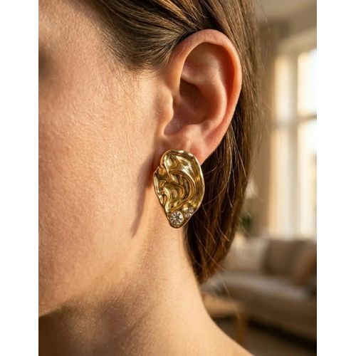 Sculpted Leaf Earrings with Crystal Accents Gold Plated - Gold