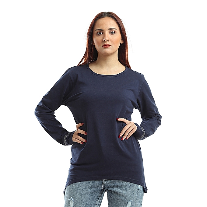 Andora Plain T-shirt Embroidered From Sleeves - Navy Blue