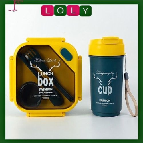 A set consisting of a lunchbox and cup, a leakproof container with a spoon and fork, a sauce cup, and a coffee cup.
