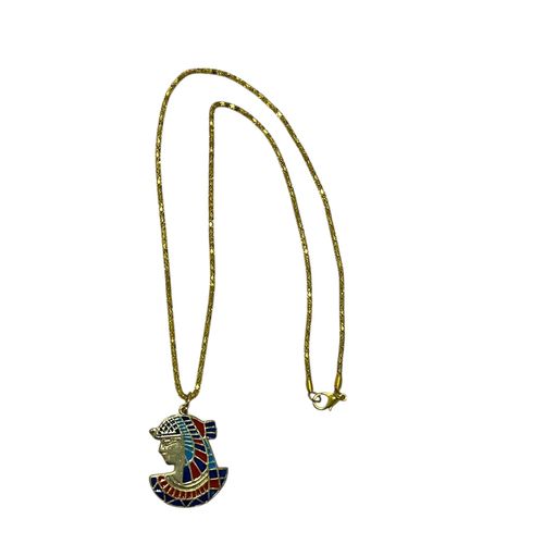 Egyptian Nefertiti Pendant Necklace Gold Chain Enamel Detail Blue and Red Design