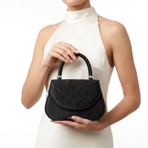 Embroidered Flap Top-Handle Evening Bag Black