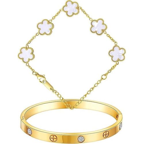 Fayruz Jewelry Stackable Gold Clover Bracelets for Women - 2 Pcs 18K Gold Plated Stainless Steel Friendship Love Cubic Zirconia Stacked Dainty Bangle Bracelets (Gold+White Bracelet Set)