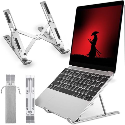 حامل لاب توب معدني ، 7 مستويات ارتفاع، قابل للطي، حامل لاب توب متوافق مع جميع الاجهزة مقاس 10-17 بوصة (سيليكون مانع للانزلاق + شنطة تخزين) متوافق مع اتش بي وديل ماك بوك (فضي)