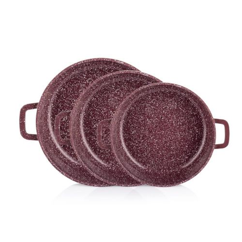 3-Piece Granite Pizza & Basbousa Tray Set - Low Rim - Marble Burgundy - Non-Stick Coating with Integrated Handles