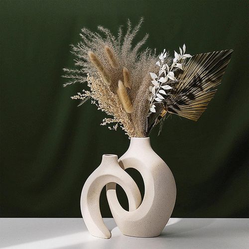 Hollow Ceramic Vase Set of 2, White Circle Vase for Decor, White Boho Donut Pampas Flower Vases Nordic Minimalist Decorative Vase for Table Centerpiece Wedding Dining Living Room Office