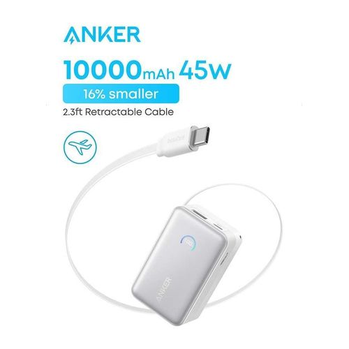 Anker Nano Power Bank, 10,000mAh Portable Charger with 2.3 ft InstaCord Retractable Cable, 45W Max Compact Battery Pack, Smart Display, for iPhone 16 Series, iPad, Galaxy, Pixel, and More