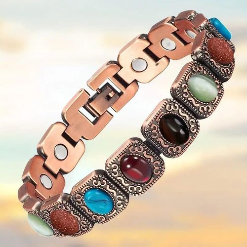 Magnetic copper medical bracelet - adorned with colorful stones and a sophisticated vintage design - for pain relief and improved energy levels.