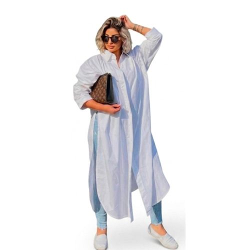 Women's Long Cotton Poplin Shirt – Trendy Side Slits – White