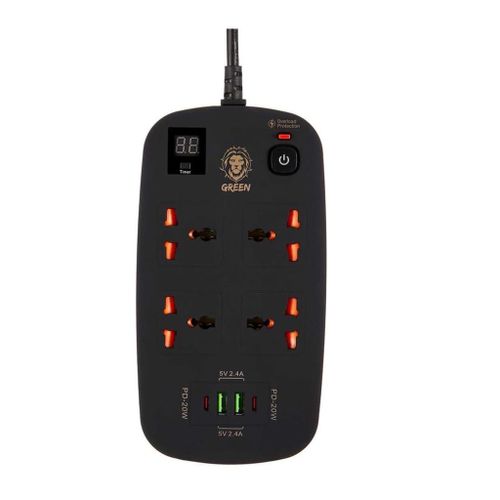 Green Lion 4 AC 2 USB & 2 USB-C PD 40W Multiport Smart Power Socket 3500W 3M - Black
