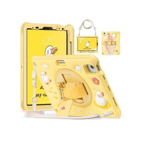 Case for iPad (A16) 11th 10th Generation 10.9 for Kids Boys, Heavy Duty Rugged Cute Cartoon Duck Cover with pen+Swivel Stand+Handle Strap, Yellow