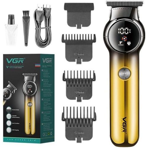 V-989 Pro Li Outliner Rechargeable Electric Cordless Hair Clippers with Digital Display & Dual Motor Grooming Kits T-Blade Close Cutting 0mm Bald Head Clipper for Men 180 mins Runtime - Gold
