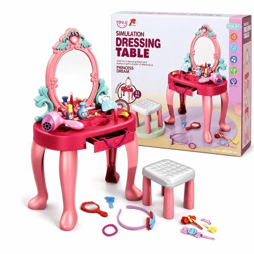 Kids Princess Dressing Table Playset with Mirror Stool Hair Dryer Lights & Music 31 Pieces - 678-2A