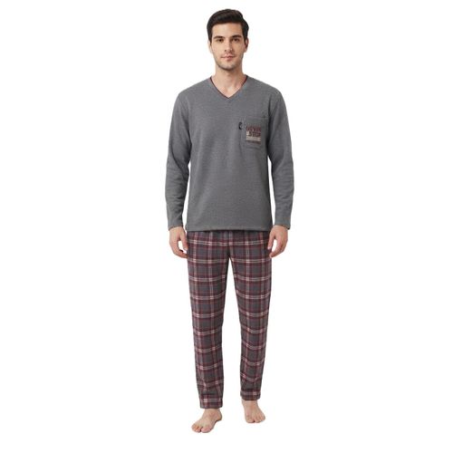 Men Winter Pajama Set Long Sleeve & Checked Trousers - W27-8411-Grey