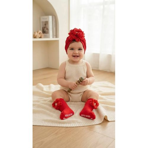 Baby Girl Cotton Turban Hat and Socks Set, Newborn 95% Cotton, 5% Spandex, 0-12 Months, Elastic Fit, Multiple Designs, 1 Hat & 1 Pair Socks