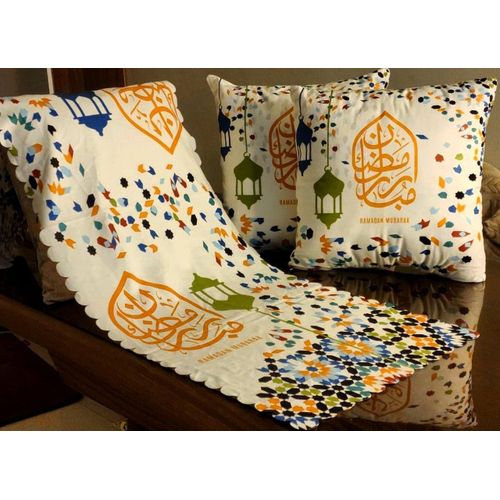 Table Runner with Cushion Set – 3 Pieces – Turkish Velvet – Digital Print