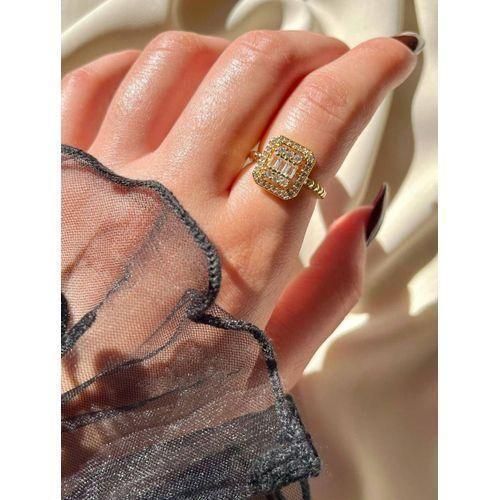 Womens Gold Plated Stainless Steel Ring Rectangular Zircon Stone Design Adjustable Size Elegant Fashion Jewelry for Parties Special Occasions
