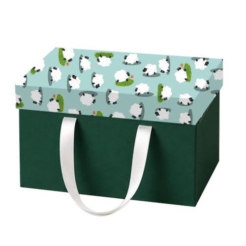Gift Box Bag with Handles, Green and Mint, Sheep Print, Decorative Present Tote Eid Al Adha