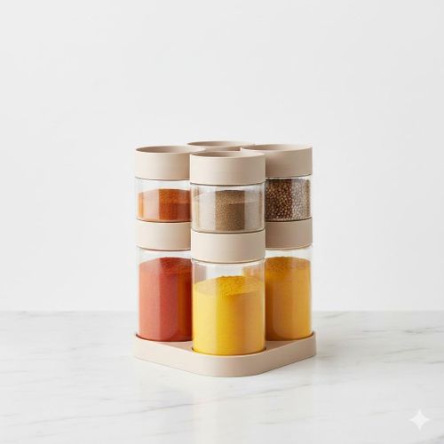 Spice Jars Set of 6 with Rotating Base, Clear Storage Containers with Lids Beige