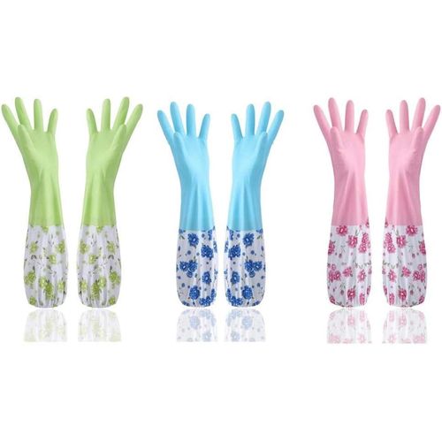 Reusable Rubber Latex PVC Flock lined Long Sleeves elbow length Hand Gloves for Kitchen Dish-Washing, Cleaning, Gardening, Laundry and Sanitation and Lab Work (Green + Blue + Pink)