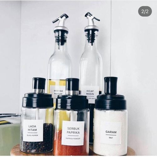 Glass Oil and Vinegar Dispenser Set, 2 x 500ml Bottles and Three 250ml Spice Jars, Seasoning Dispenser for Dining Table Kitchen with Airtight Seal & Leak Proof) (Set of 5)