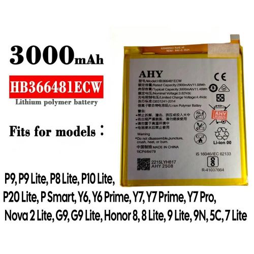 Rechargeable Li-ion battery (HB366481ECW) – Compatible with Huawei phones such as Huawei P9, P9 Lite, P8 Lite, P10 Lite, P20 Lite, P Smart, Y6, Y6 Prime, Y7, Y7 Prime, Y7 Pro, Nova 2 Lite, G9, G9 Lite, Honor 8, 8 Lite, 9 Lite, 9N, 5C, 7 Lite