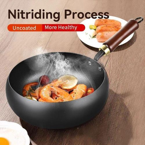 Funny Food Deep Multi-Purpose Wok Pan with Glass Lid and Elegant Wooden Handle