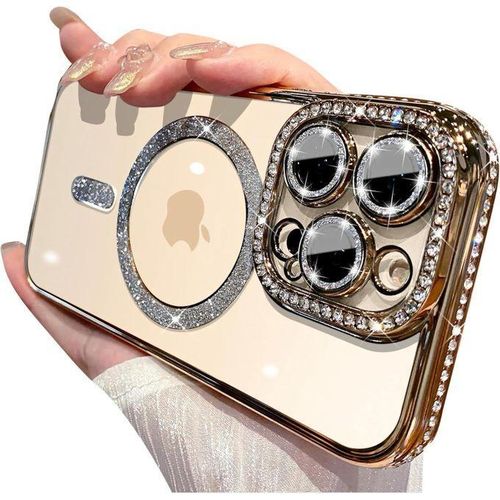 Magnetic Series Design for iPhone Case,Compatible with MagSafe,Luxury Glitter Diamond Camera Bing Plated Edge,Shiny Clear Military Drop Protection Shockproof Cover(Gold,iPhone 12 Pro Max