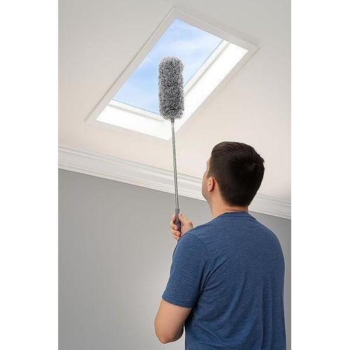 Heavy-duty telescopic microfiber duster with a bendable, washable head and stainless steel handle for cleaning ceilings, cobwebs, fans, walls, high corners, and furniture. Extendable.