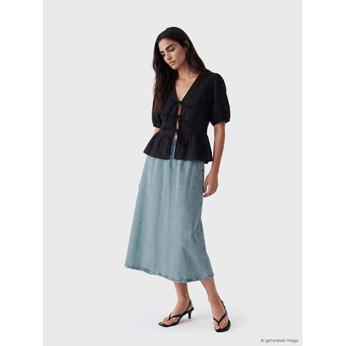 Elastic Waist Flared Denim Skirt