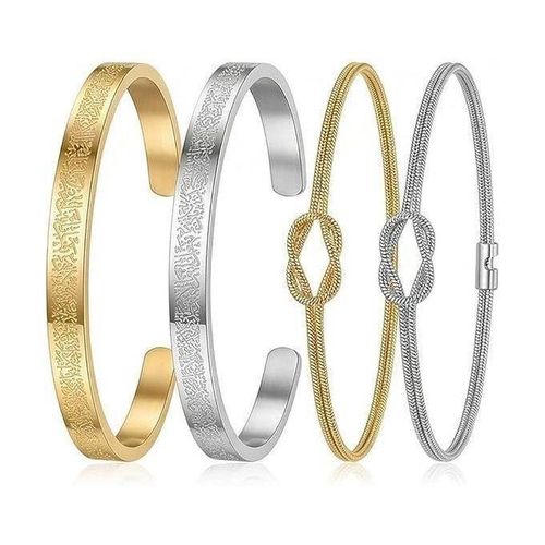 Matching Couple Bracelets Set – 4-Piece Stainless Steel Jewelry for Men & Women – Engraved Calligraphy Open Cuffs & Infinite Knot Snake Chain Bracelets – Romantic Gift for Anniversary, Wedding &