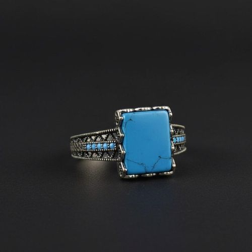 Men's 925 Sterling Silver Turkish Ring - Rectangular Turquoise Stone