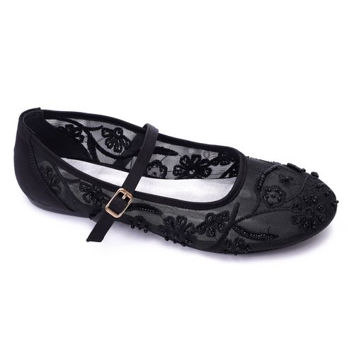 Embroidered Mesh Mary Jane Ballet Flats Black