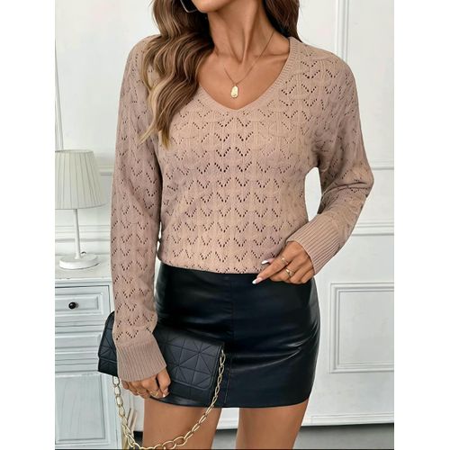 Women's Loose Fit V-Neck Drop Shoulder Long Sleeve Hollow Knit Pullover Autumn Winter Clothes For Women