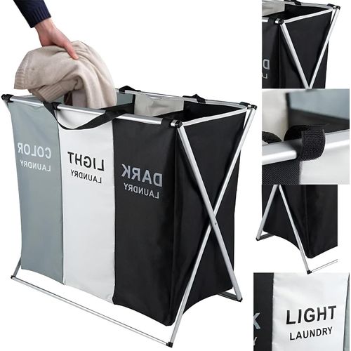 Clothes Basket - Foldable 3-Compartment Laundry Hamper with Durable Oxford Fabric, Metal Frame, and Reinforced Handles for Heavy Loads