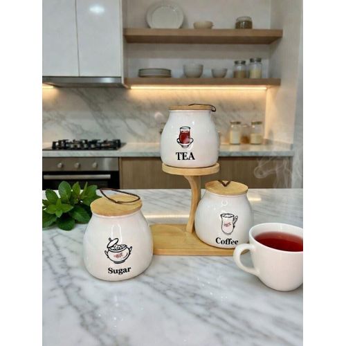 Elegant Ceramic Tea Coffee Sugar Jar Canister with Wooden Base and Airtight Lids - Elegant Decorative Design for Preserving Ingredients with Modern Touch.