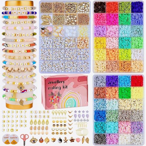 10720Pcs Clay Beads Bracelet Making Kit, 72 Colors 3 Boxes 6mm Flat Round Polymer Clay Beads Spacer Heishi Beads for Jewelry Making, Letter Beads Pendant Charms Kit Gifts for Kids Adults