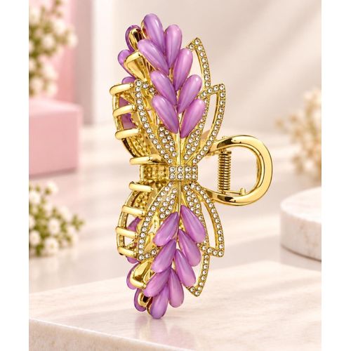 A gold metal hair clip featuring a purple butterfly pattern. suitable for formal occasions, evening events, and parties, as well as for daily use.