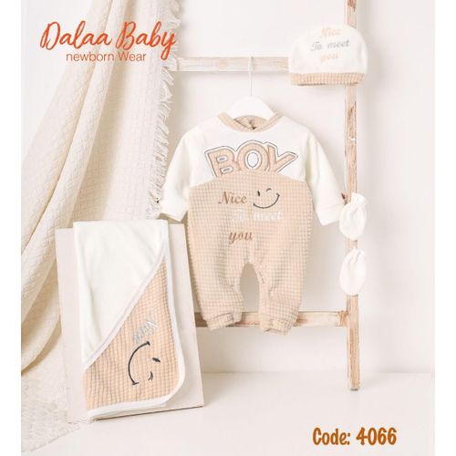 New Born Baby Velvet Jumpsuit (4 Pcs) Set - 4066 - BJ - Dalaa