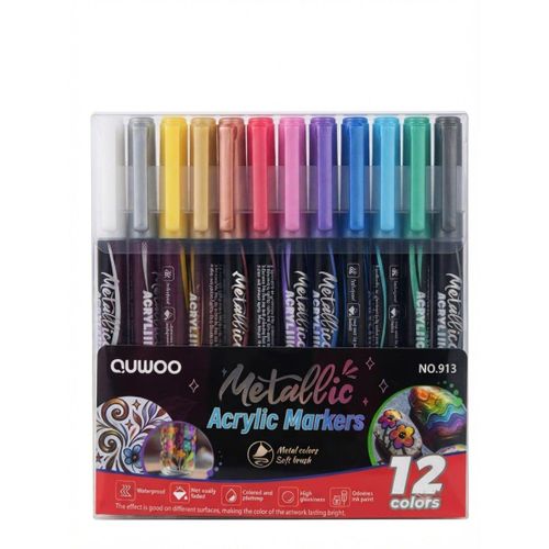 Metallic Acrylic Markers Set 12-Colors Soft Brush Tip