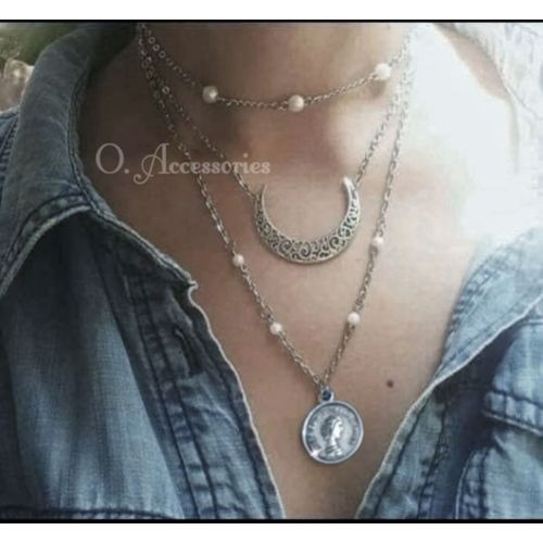 Necklace Chain Silver Metal, Multi Rows, Pearls, Coin