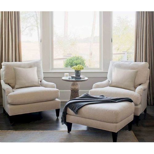 كرسيين و بوف خشب زان أحمر- كتان - بيج