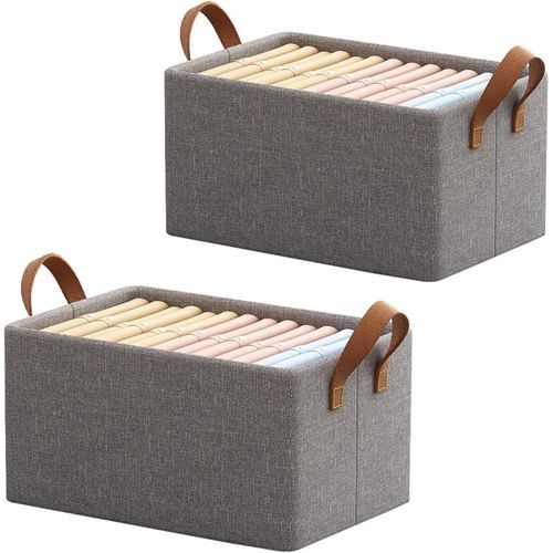 Flexi Fold Large Cloth Basket with Metal Frame & Handle - Grey Space Saver Wardrobe Bin Box Organizer Pack of 2