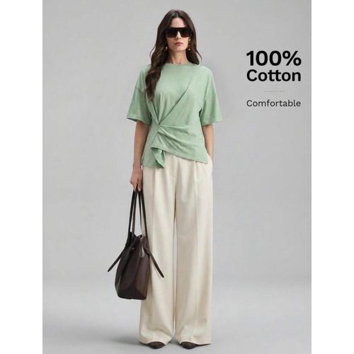100% Cotton Women's Sage Green Summer Casual T-Shirt, Ruched Side Slit Asymmetric Hem Top, Modern Urban Party Travel Occasion, Bohemian Vacation Holiday
