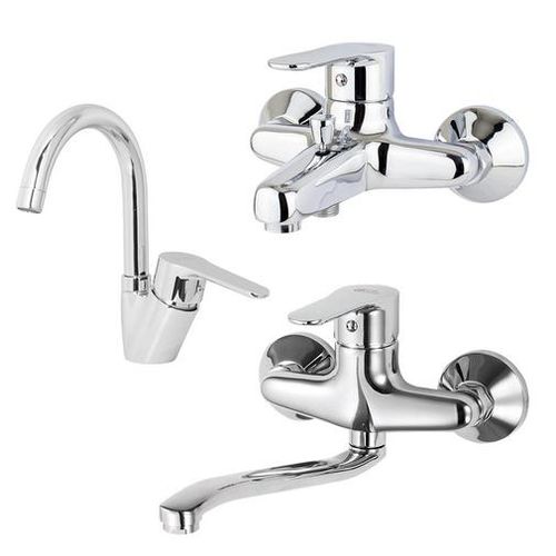 Mira Plus Chrome 3-Piece Mixer Set: High Basin Mixer with Swivel Spout 1043, Bath Mixer 1011, and Wall Mounted Kitchen Mixer with Lower Spout 1014