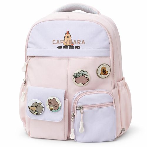 School backpack, cartoon design, with decorative badges, multiple pockets